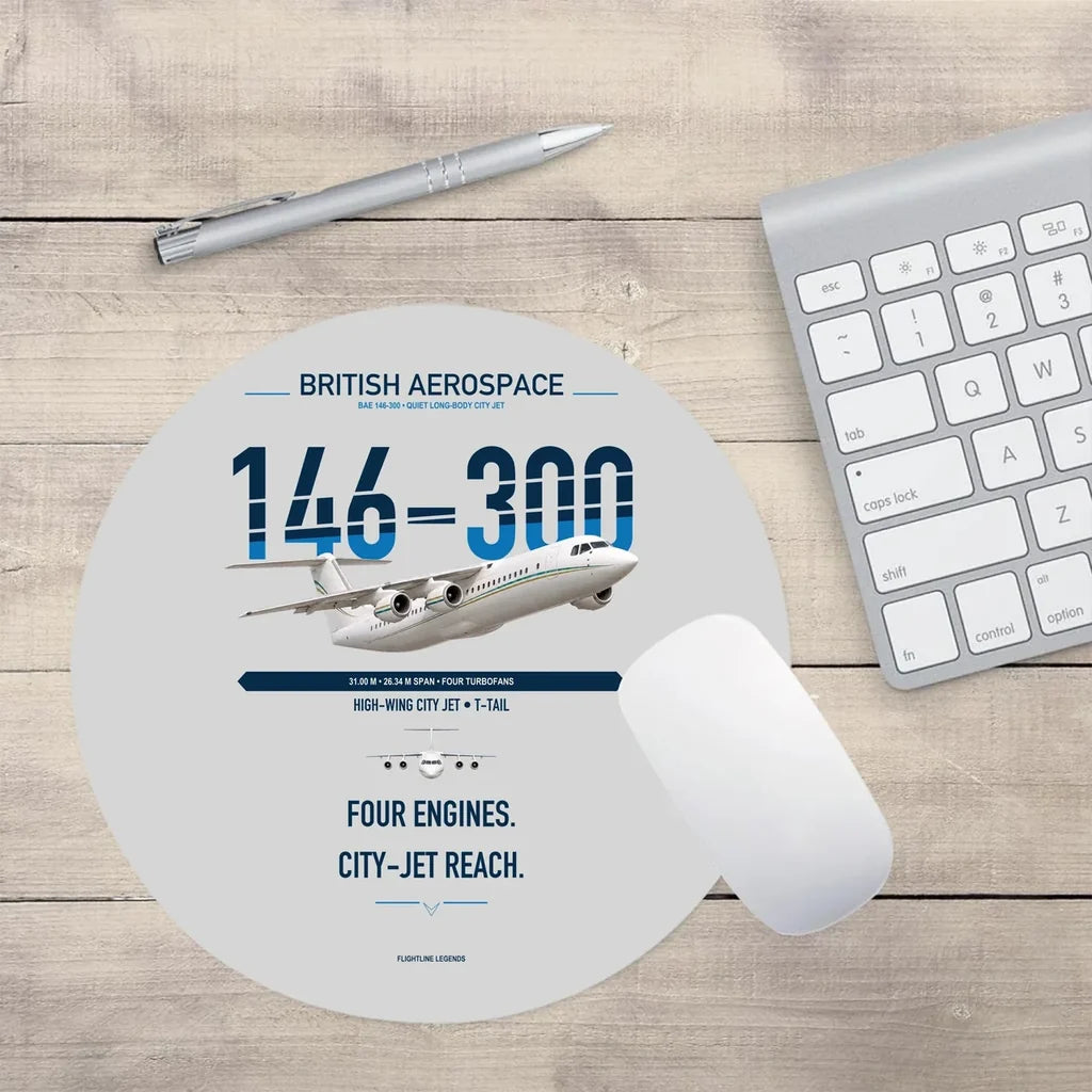 BAe 146-300 design on light gray round mouse pad