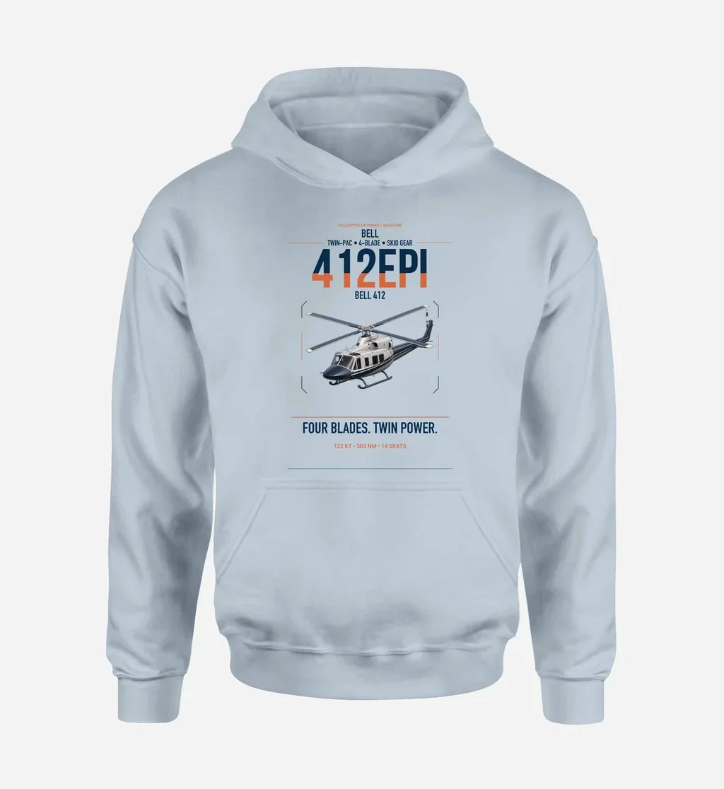 Bell 412EPI design on light blue double-side hoodie, single-side print