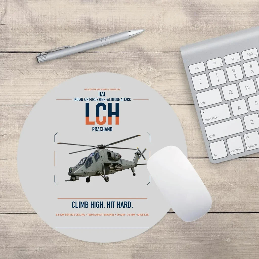 HAL LCH Prachand design on light gray round mouse pad