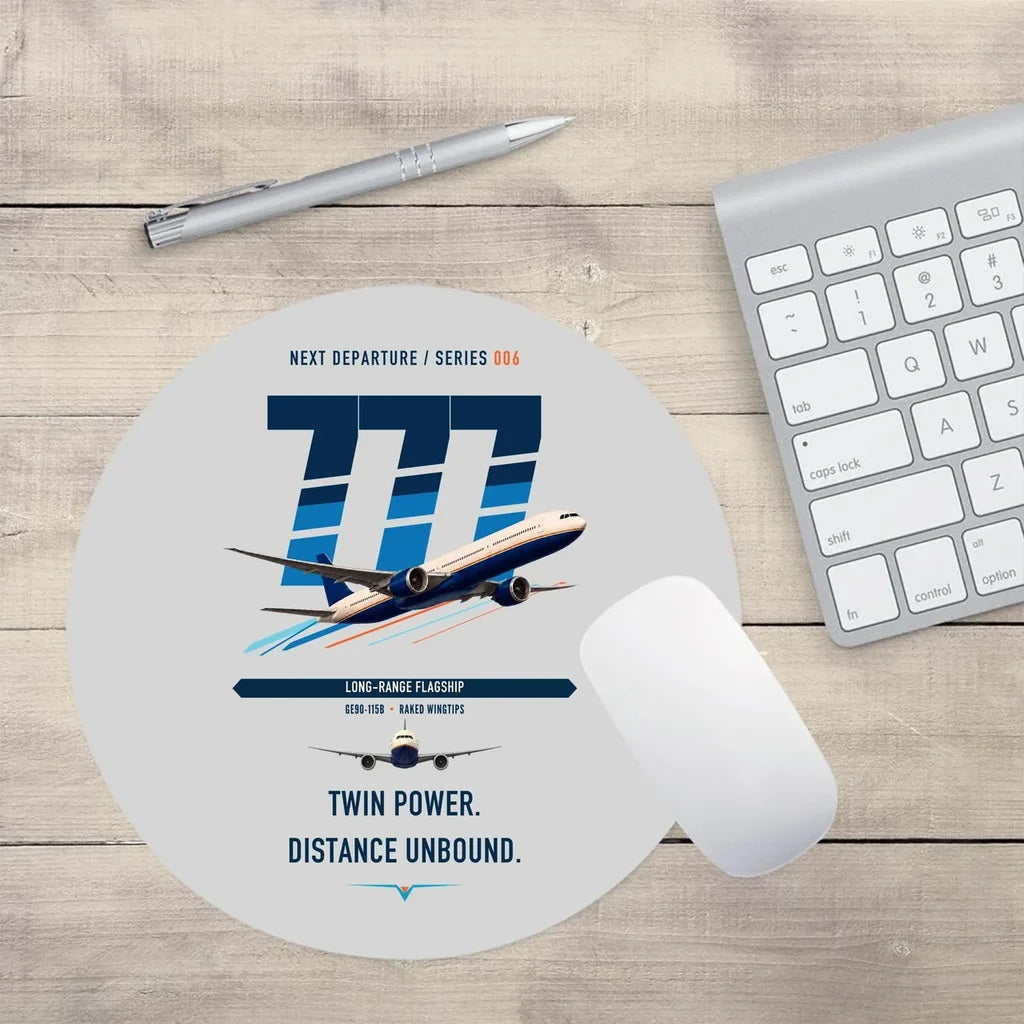 Boeing 777-300ER design on light gray round mouse pad