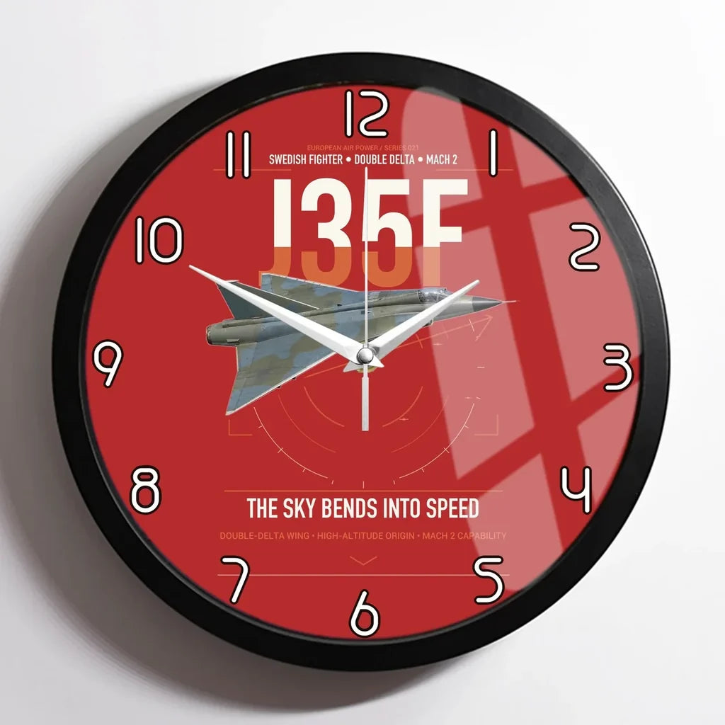 Saab J 35F Draken design on red framed wall clock