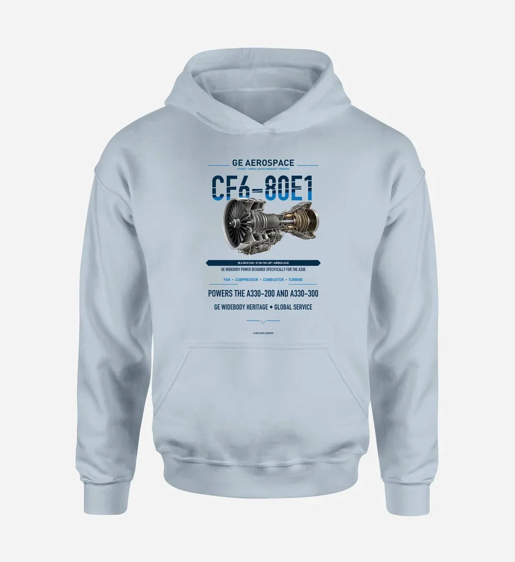 CF6-80E1 design on light blue hoodie single side