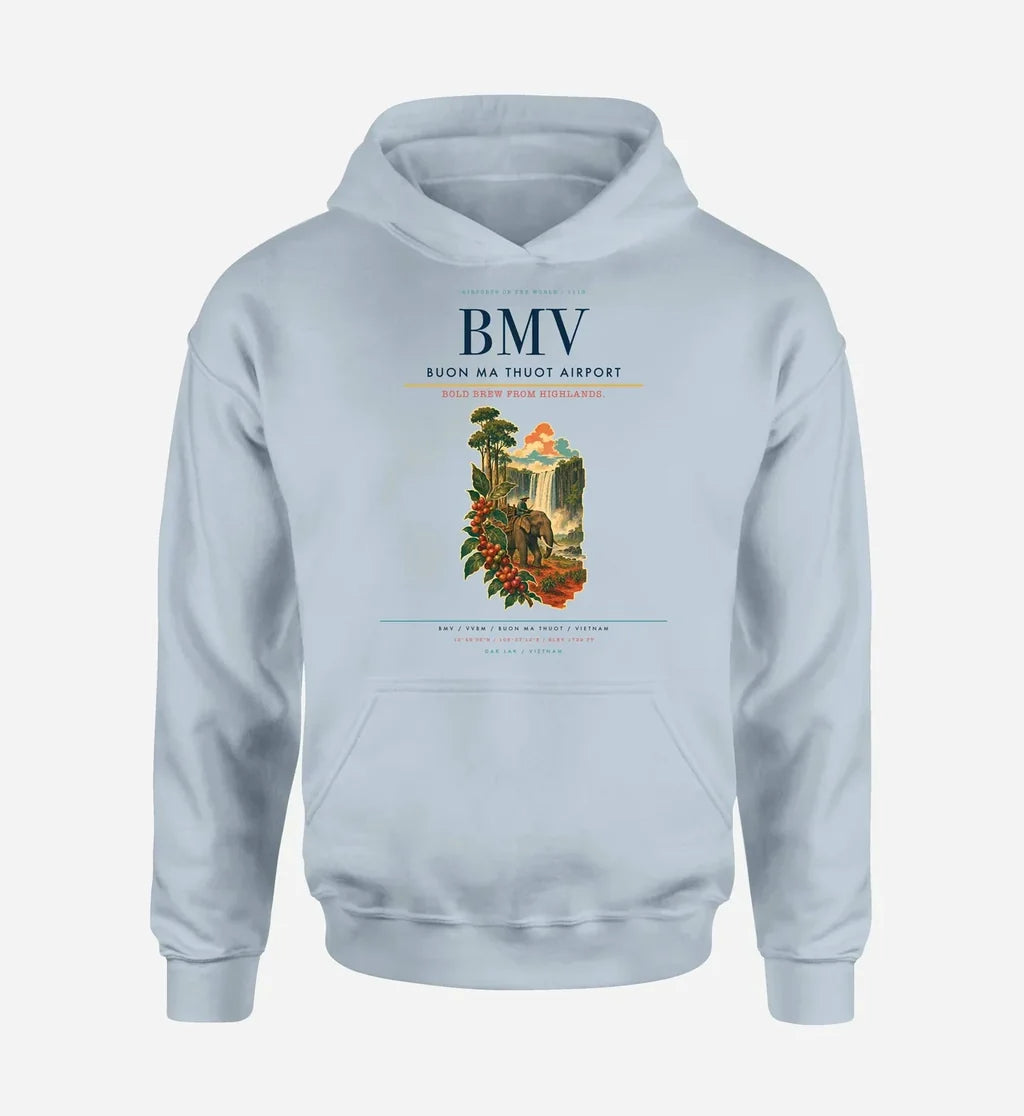 Buon Ma Thuot Airport (BMV) design on light blue hoodie single-side print