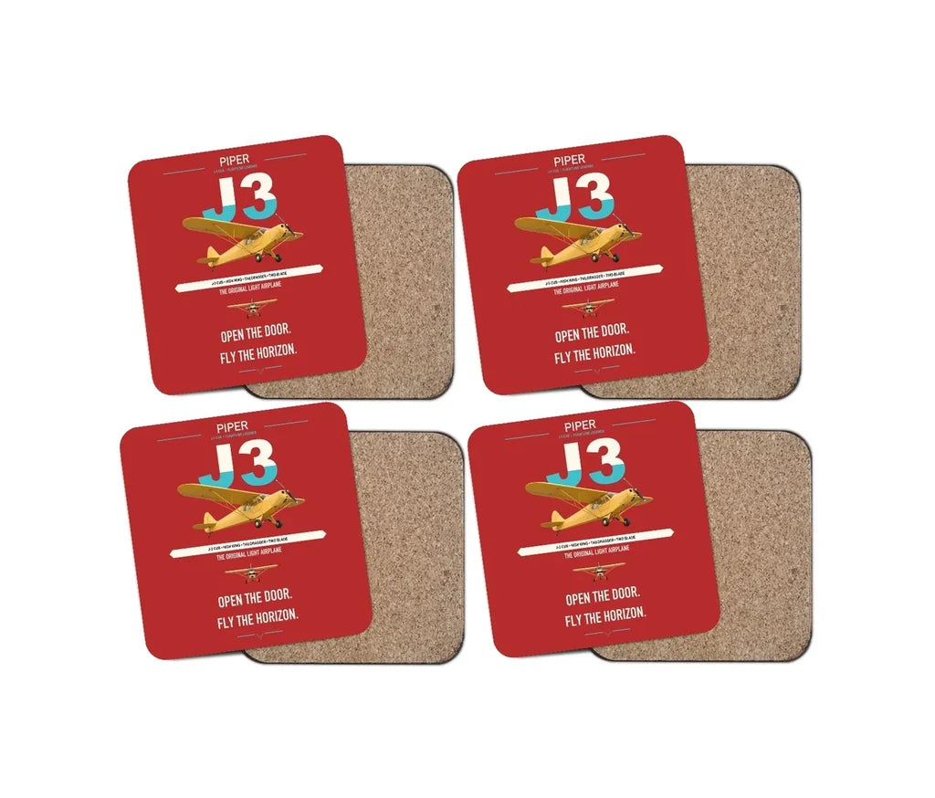 Piper J-3 Cub design on red 4 pieces set coaster