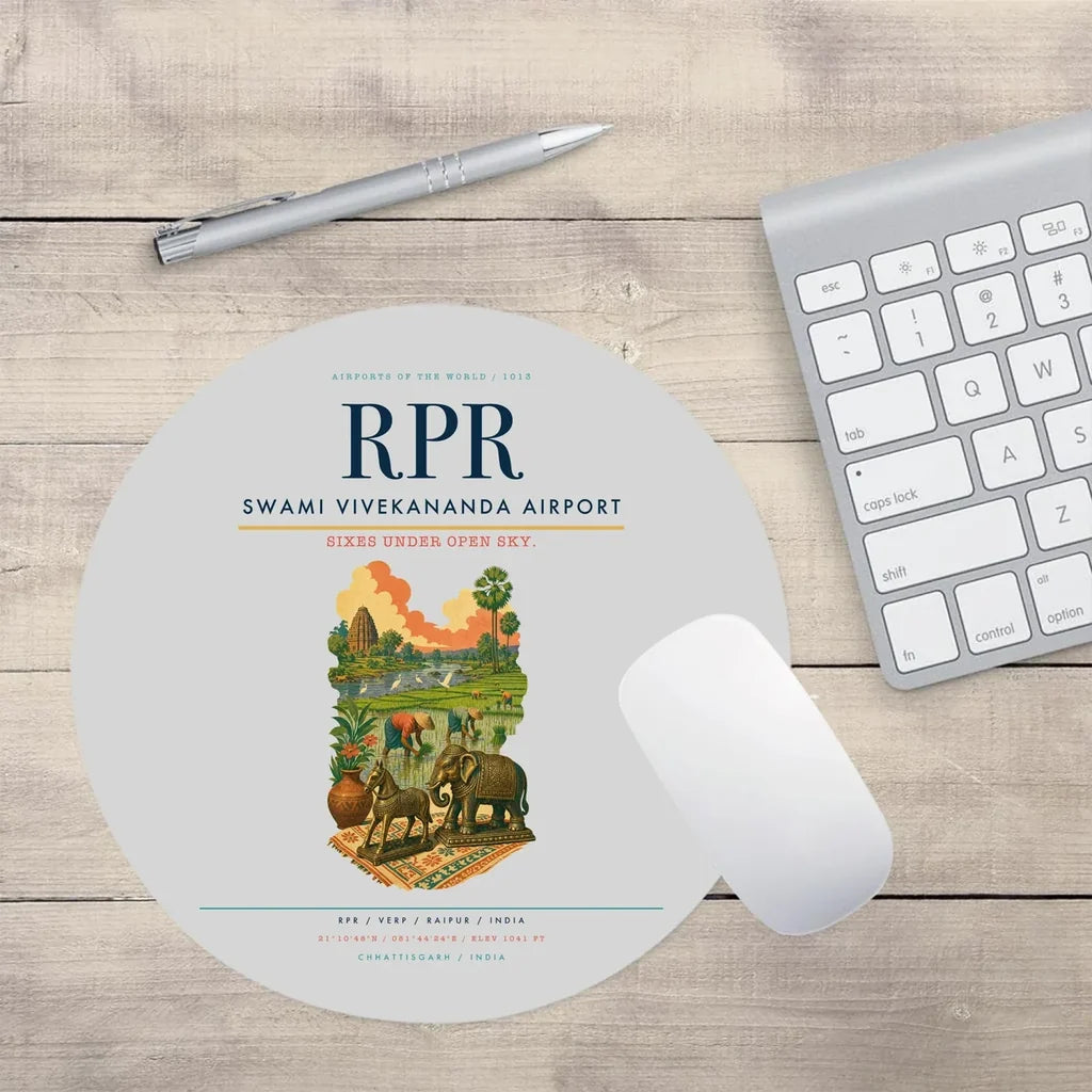Swami Vivekananda Airport (RPR) design on light gray round mouse pad