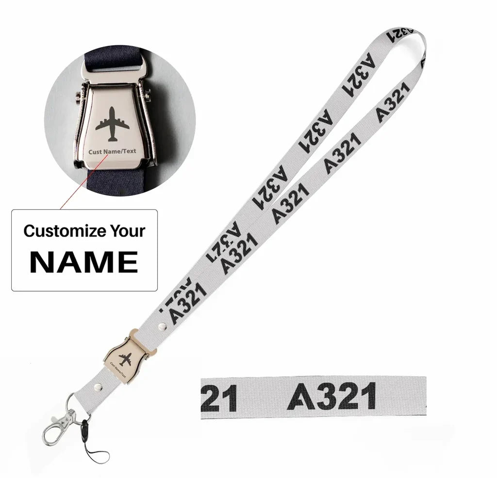Airbus A321 Flat Text seat belt lanyard - white with name