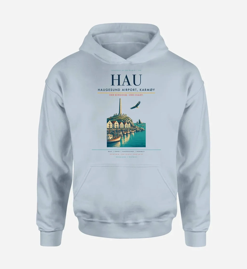 Haugesund Airport, Karmøy (HAU) design on light blue hoodie single-side print