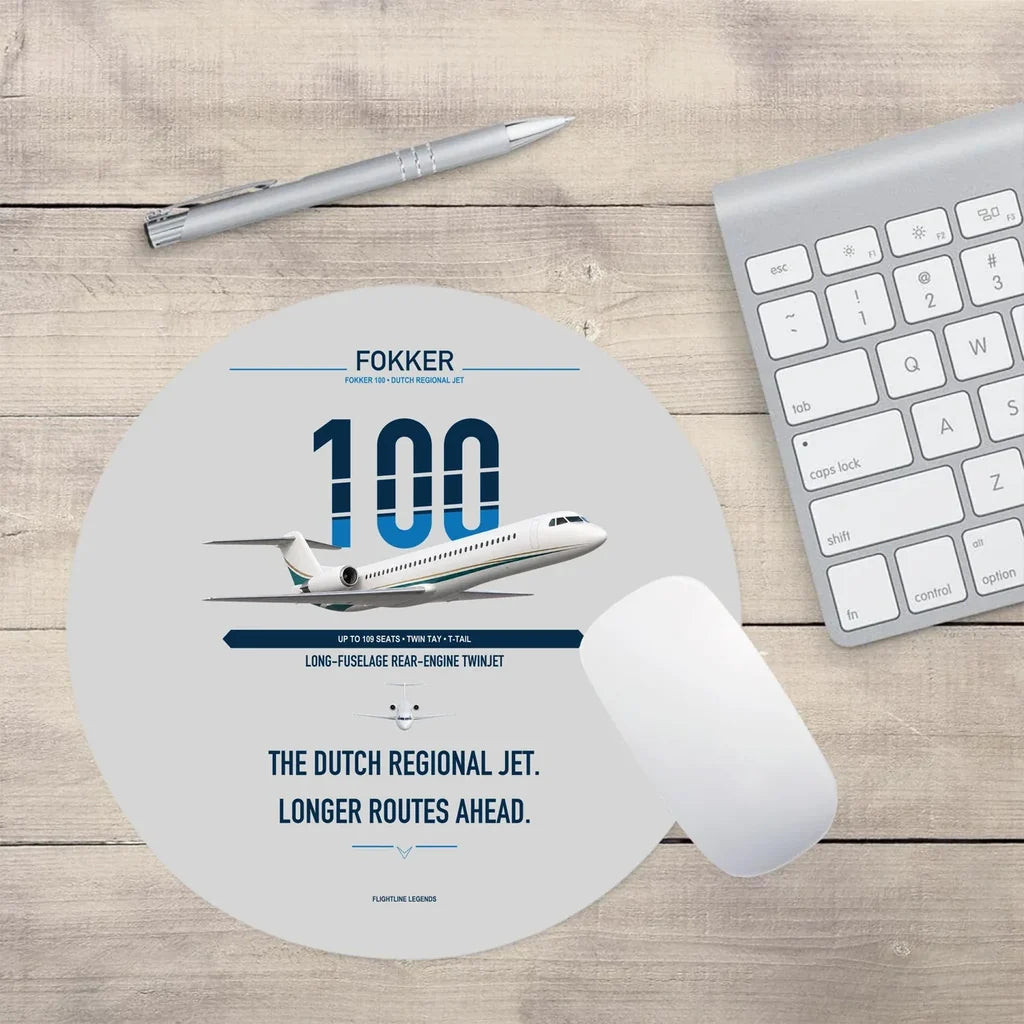 Fokker 100 design on light gray round mouse pad