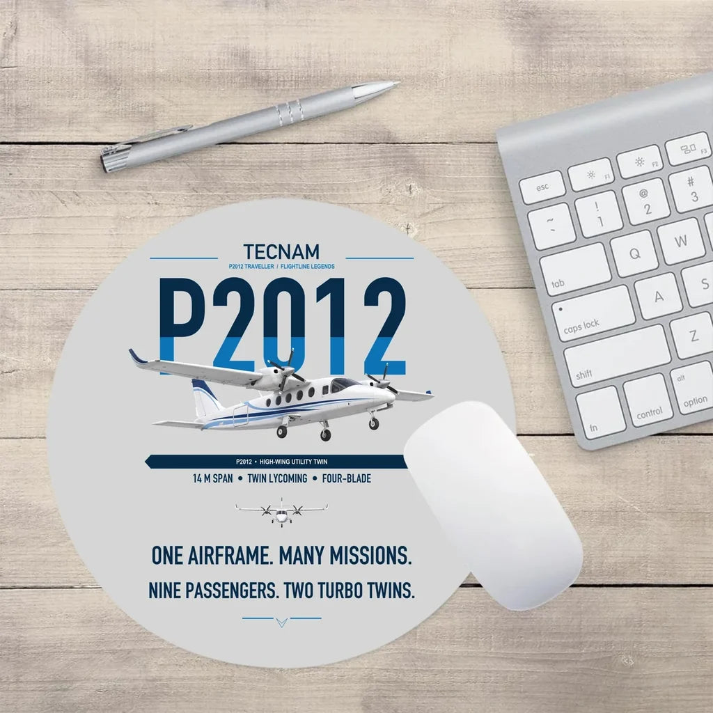 Tecnam P2012 Traveller design on light gray round mouse pad