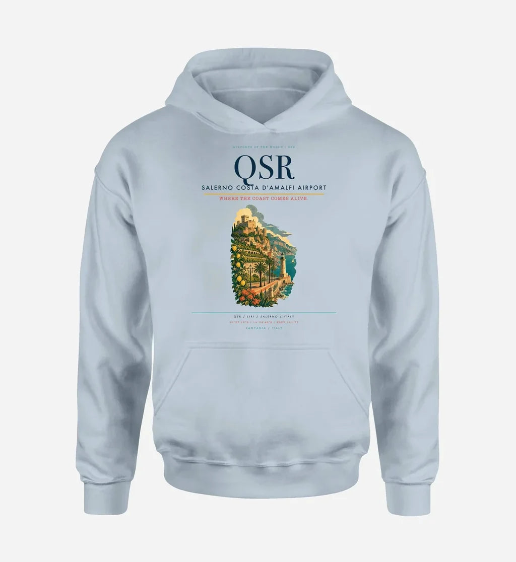 Salerno Costa d'Amalfi Airport (QSR) design on light blue hoodie single-side print