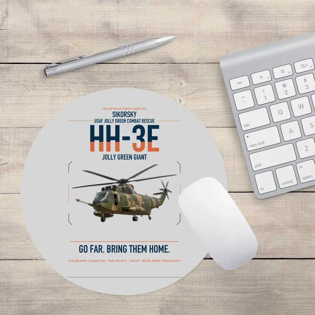 Sikorsky HH-3E Jolly Green Giant design on light gray round mouse pad