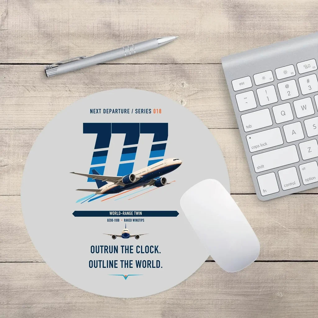 Boeing 777-200LR design on light gray round mouse pad