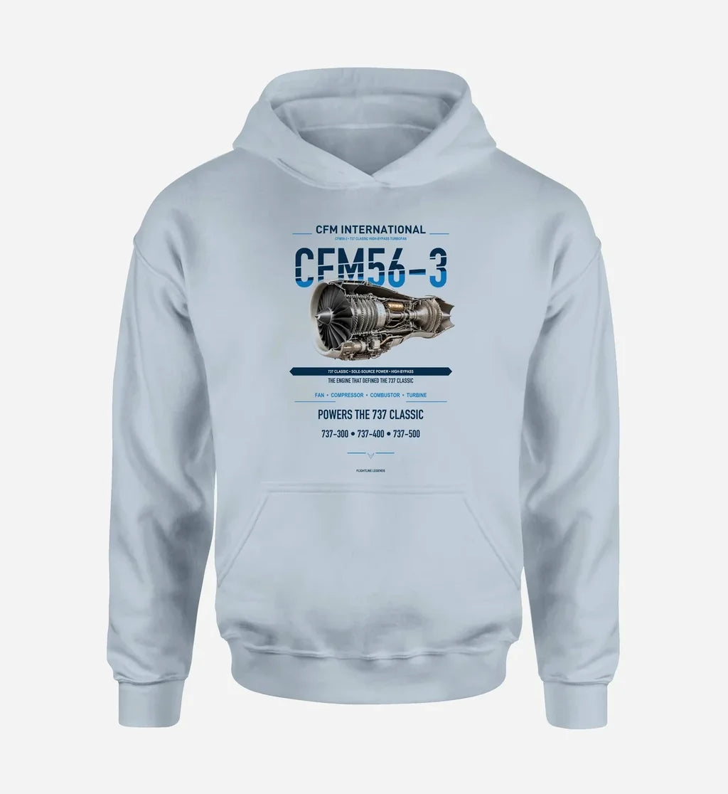 CFM56-3 design on light blue hoodie single side