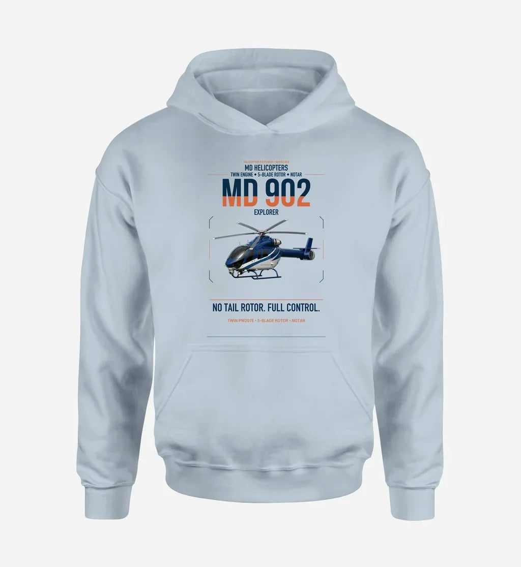 MD Helicopters MD 902 Explorer design on light blue double-side hoodie, single-side print