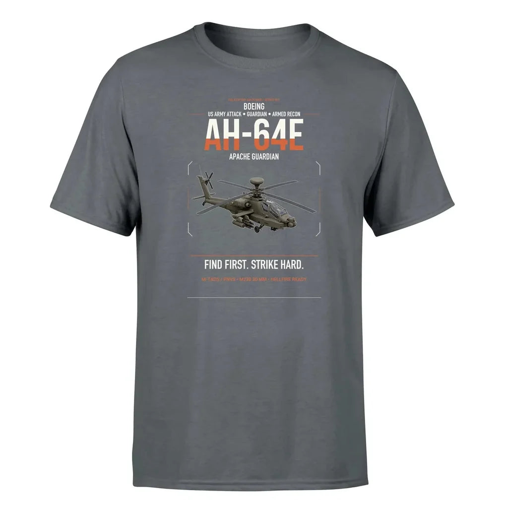Boeing AH-64E Apache Guardian design on gray t-shirt, single-side print