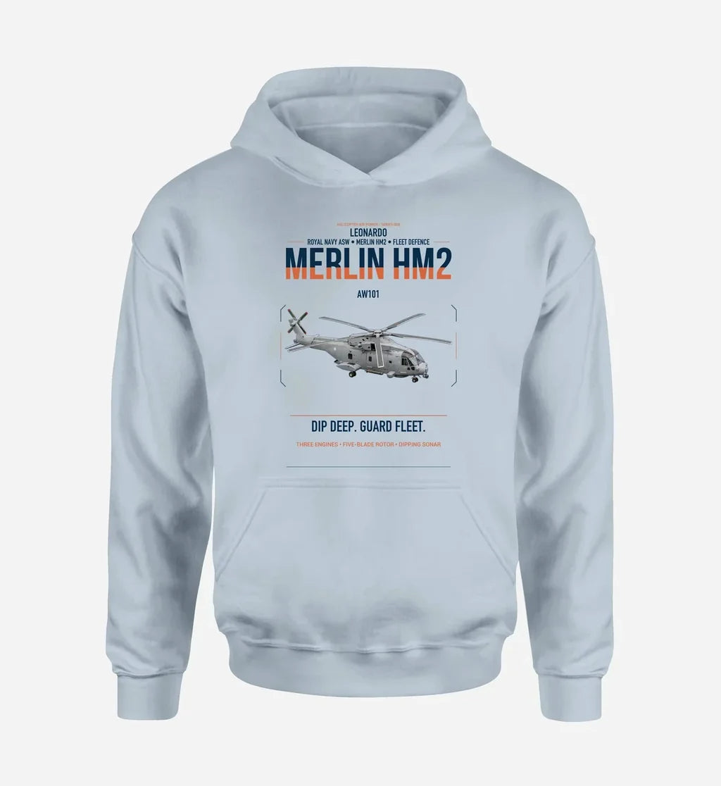 Leonardo AW101 Merlin HM2 design on light blue double-side hoodie, single-side print