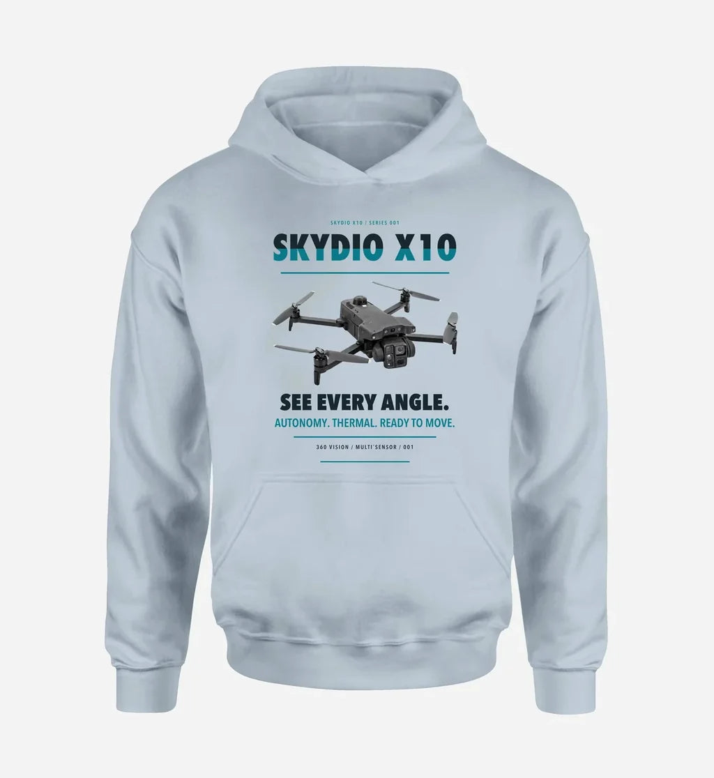 Skydio X10 design on light blue hoodie single side