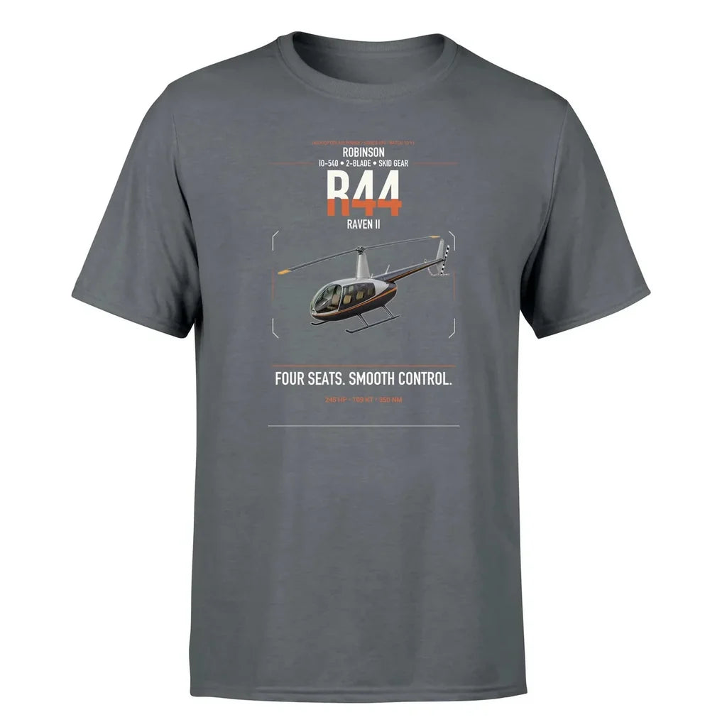 Robinson R44 Raven II design on gray t-shirt, single-side print