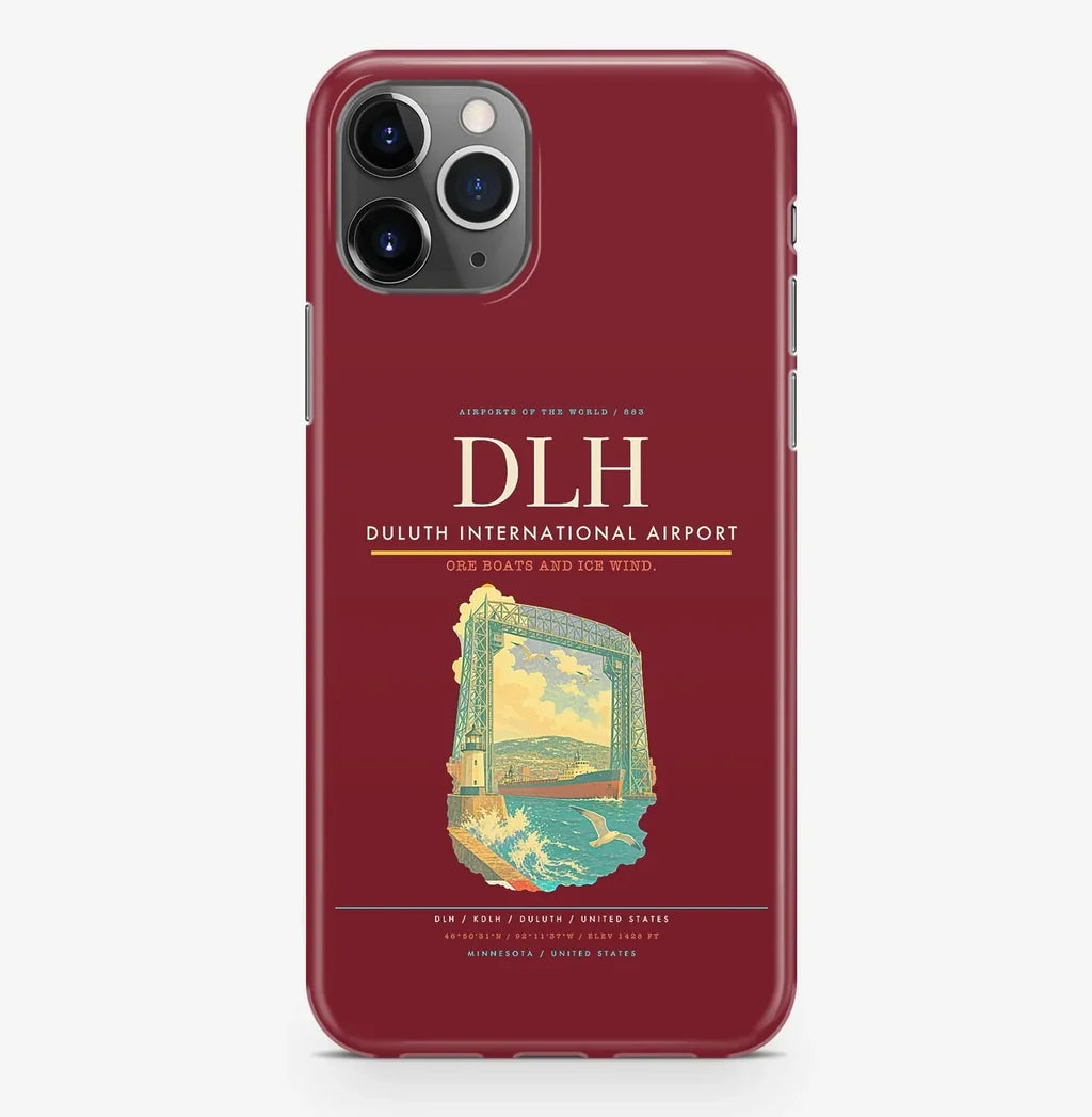 Duluth Airport (DLH) design on dark red iPhone 16 Pro MagSafe case