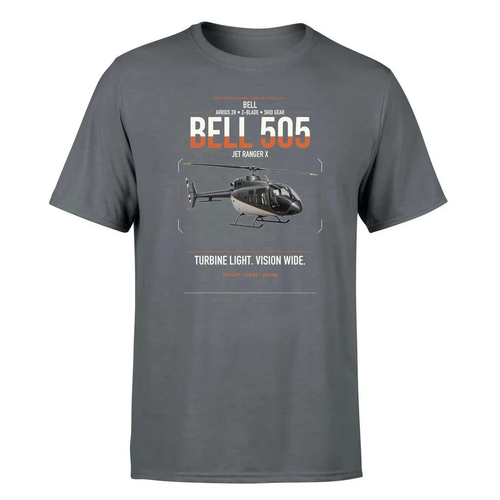 Bell 505 Jet Ranger X design on gray t-shirt, single-side print