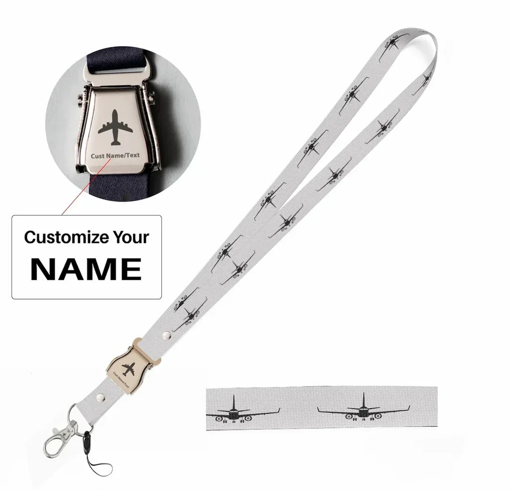 Embraer E-190 Silhouette Plane seat belt lanyard - white with name