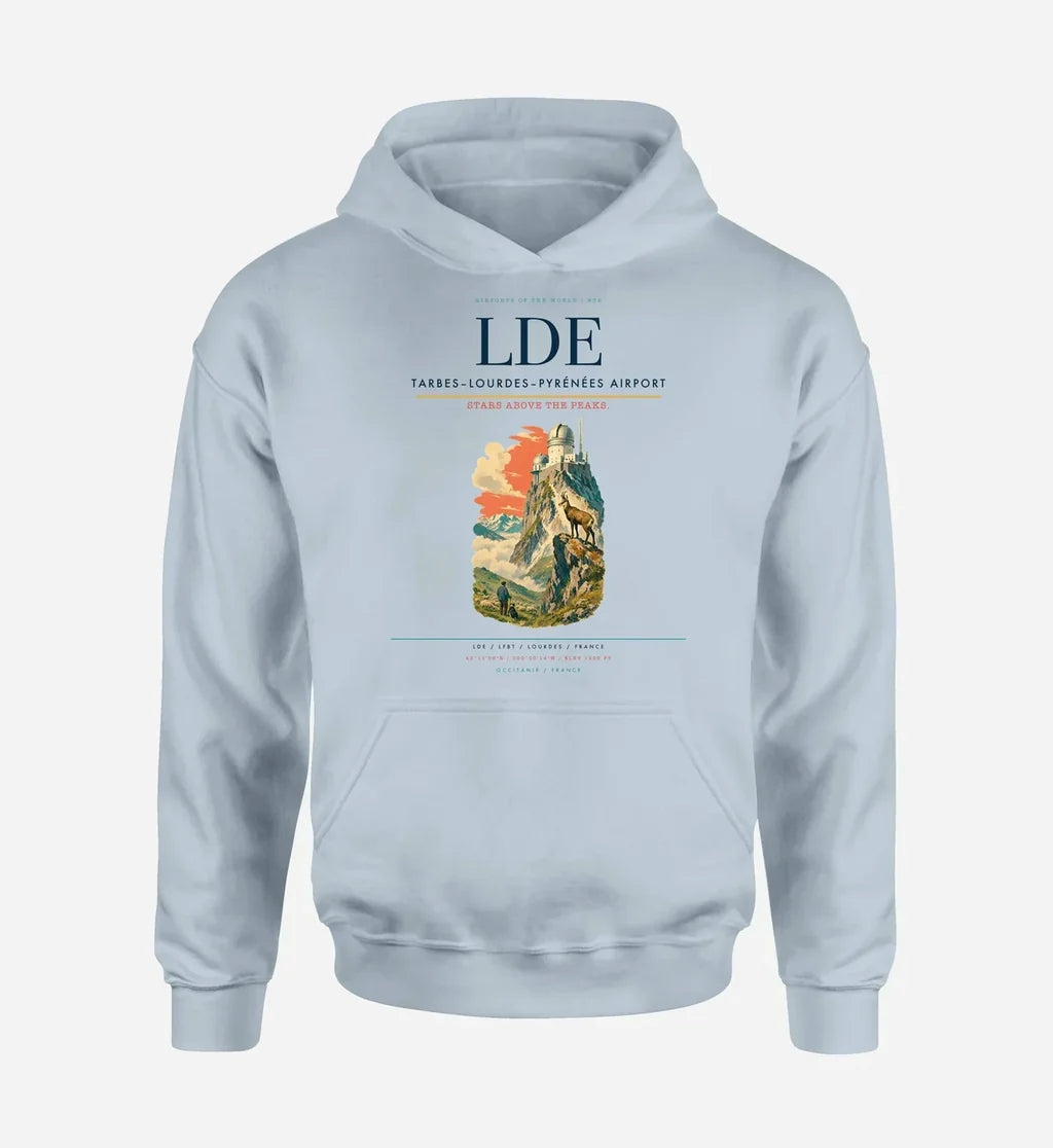 Tarbes–Lourdes–Pyrénées Airport (LDE) design on light blue hoodie single-side print