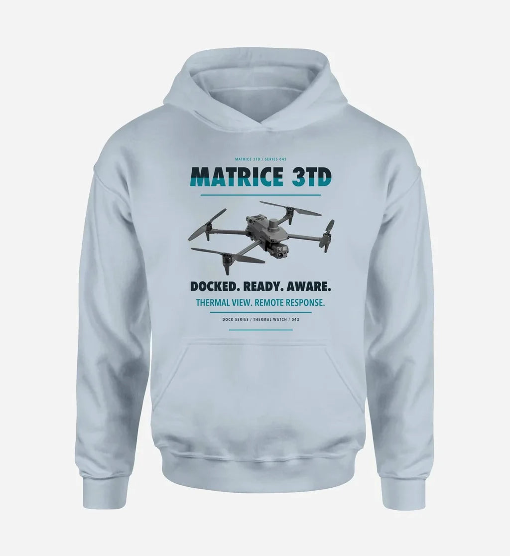 DJI Matrice 3TD design on light blue hoodie single side