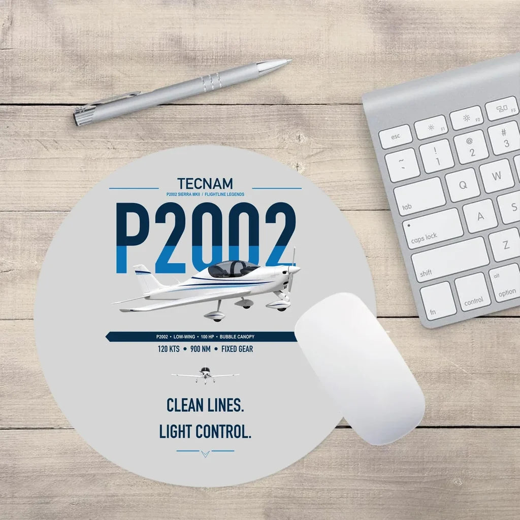 Tecnam P2002 Sierra MkII design on light gray round mouse pad