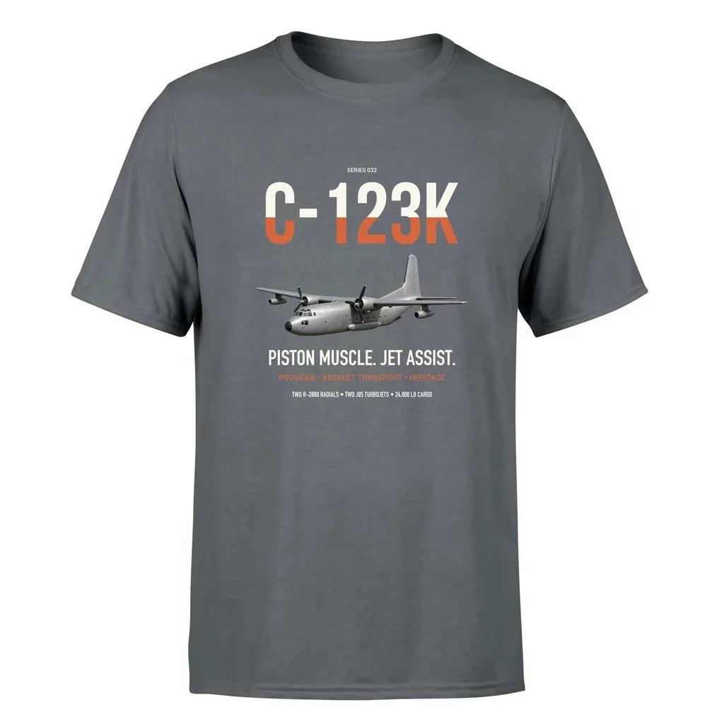 C-123K Provider design on gray double-side t-shirt, single-side print