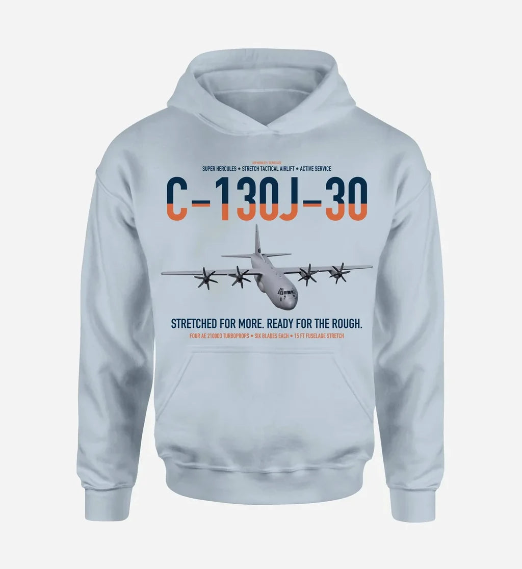 C-130J-30 Super Hercules design on light blue double-side hoodie, single-side print