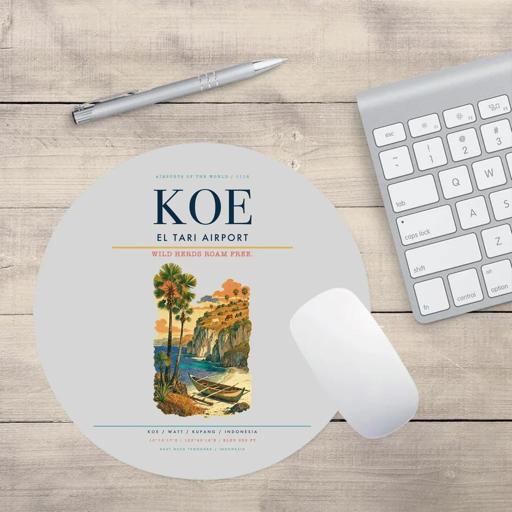 El Tari Airport (KOE) design on light gray round mouse pad
