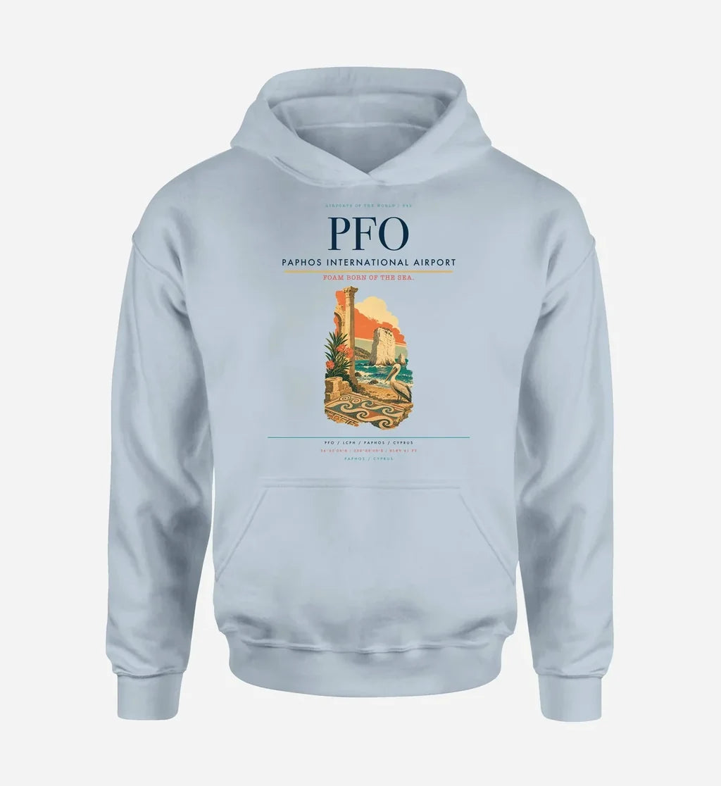 Paphos International Airport (PFO) design on light blue hoodie single-side print