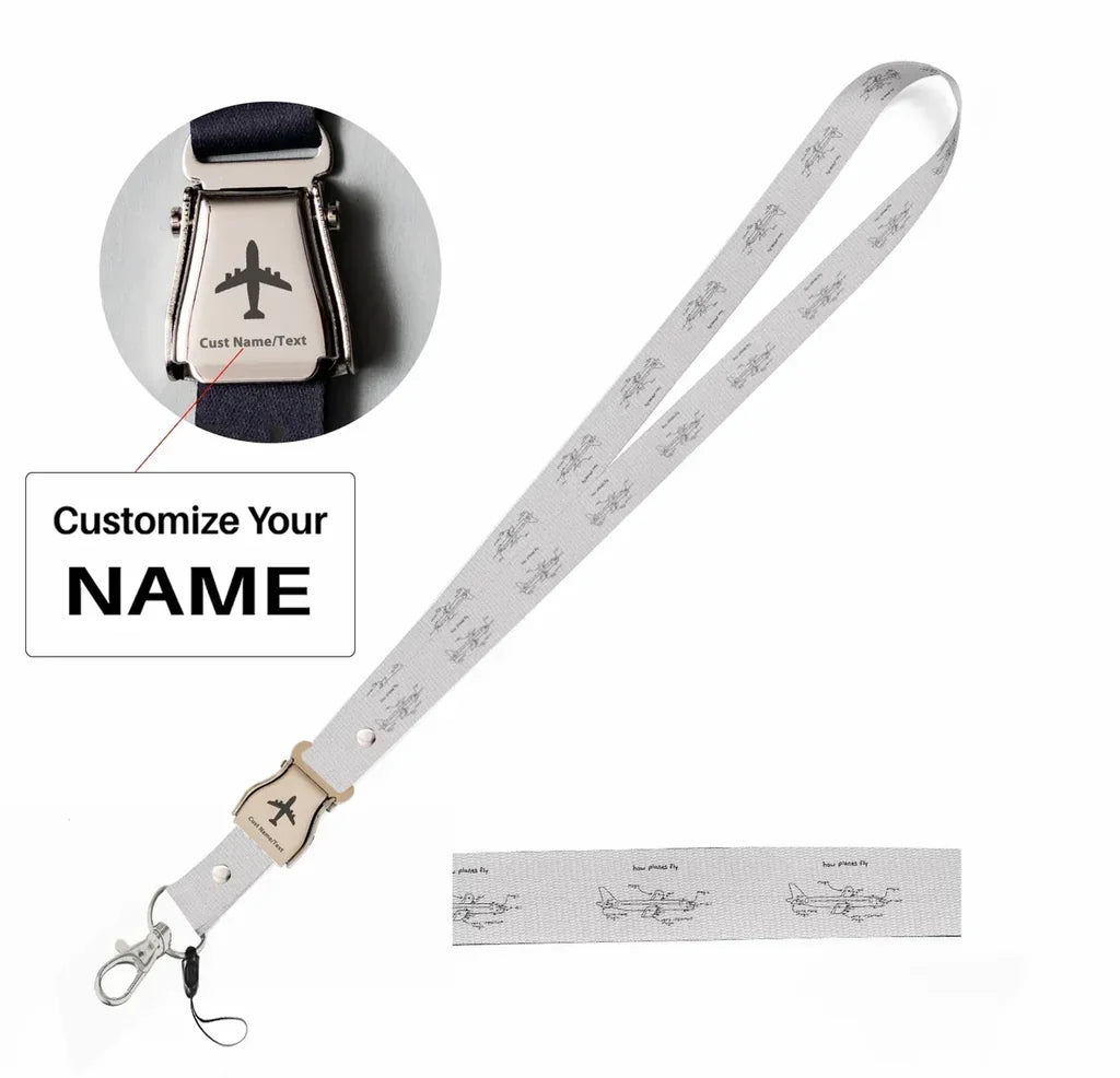 How Planes Fly seat belt lanyard - white with name