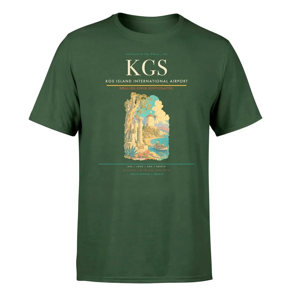 Kos Island International Airport (KGS) T-Shirt single-side front print in Dark Green | kos-island-international-airport-kgs-double-side-t-shirt
