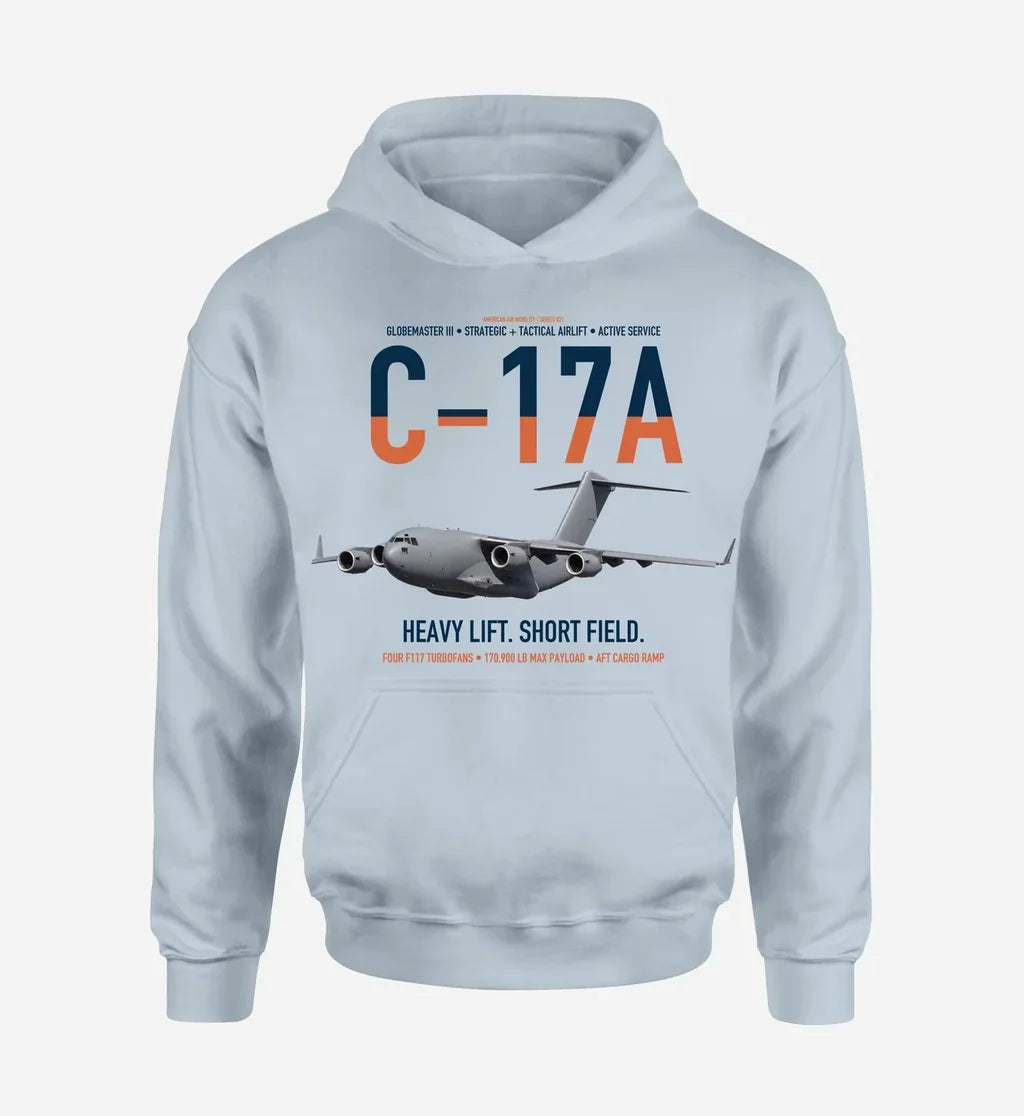 C-17A Globemaster III design on light blue double-side hoodie, single-side print