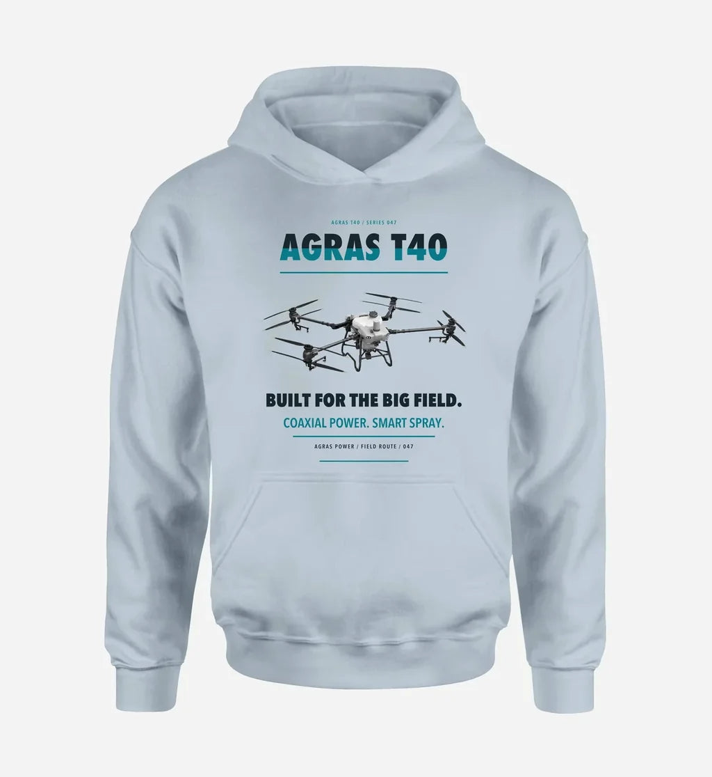 DJI Agras T40 design on light blue hoodie single side