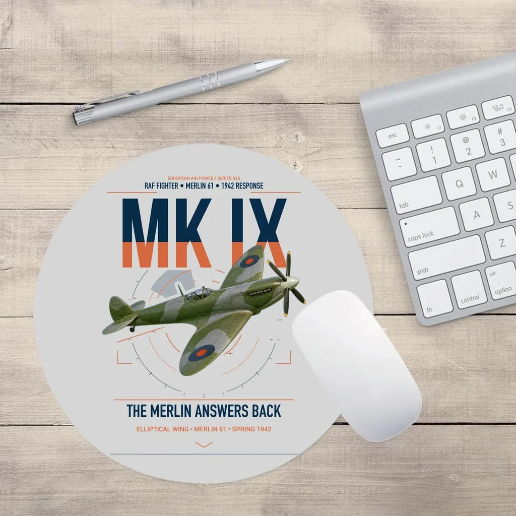 Supermarine Spitfire Mk IX design on light gray round mouse pad