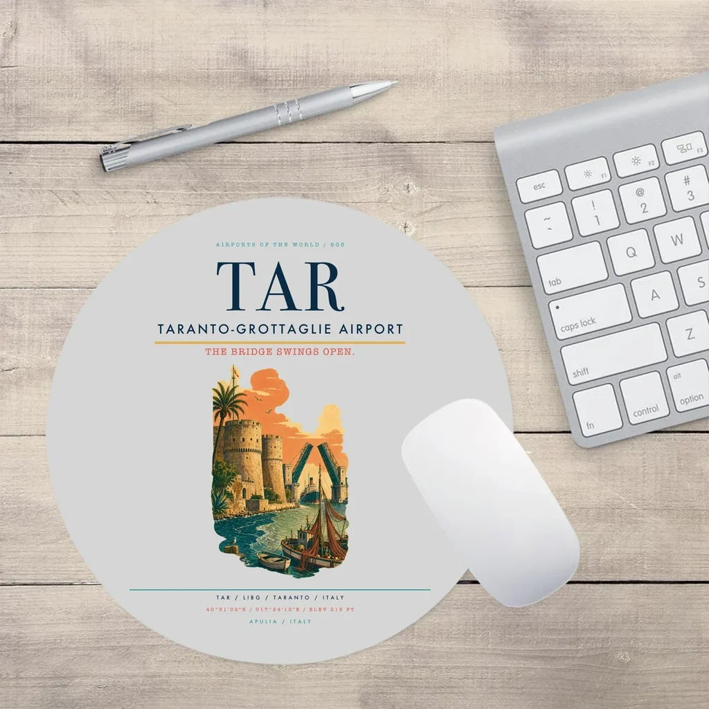 Taranto-Grottaglie Airport (TAR) design on light gray round mouse pad