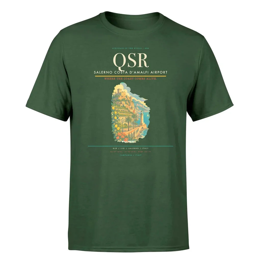 Salerno Costa d'Amalfi Airport (QSR) T-Shirt single-side front print in Dark Green | salerno-costa-damalfi-airport-qsr-double-side-t-shirt