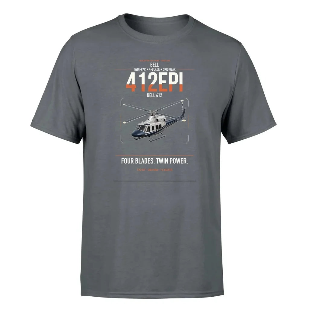 Bell 412EPI design on gray t-shirt, single-side print