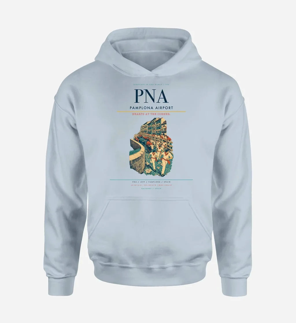 Pamplona Airport (PNA) design on light blue hoodie single-side print