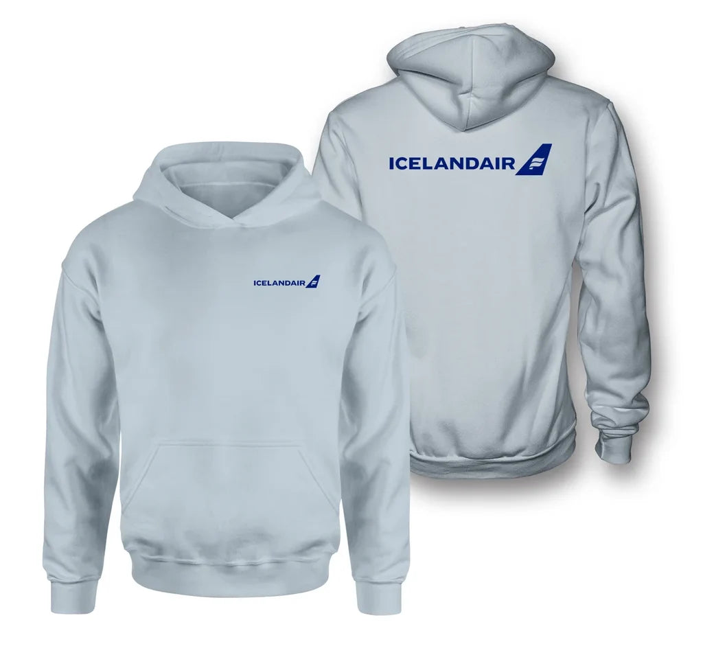 Icelandair Airlines logo on light blue double side hoodie