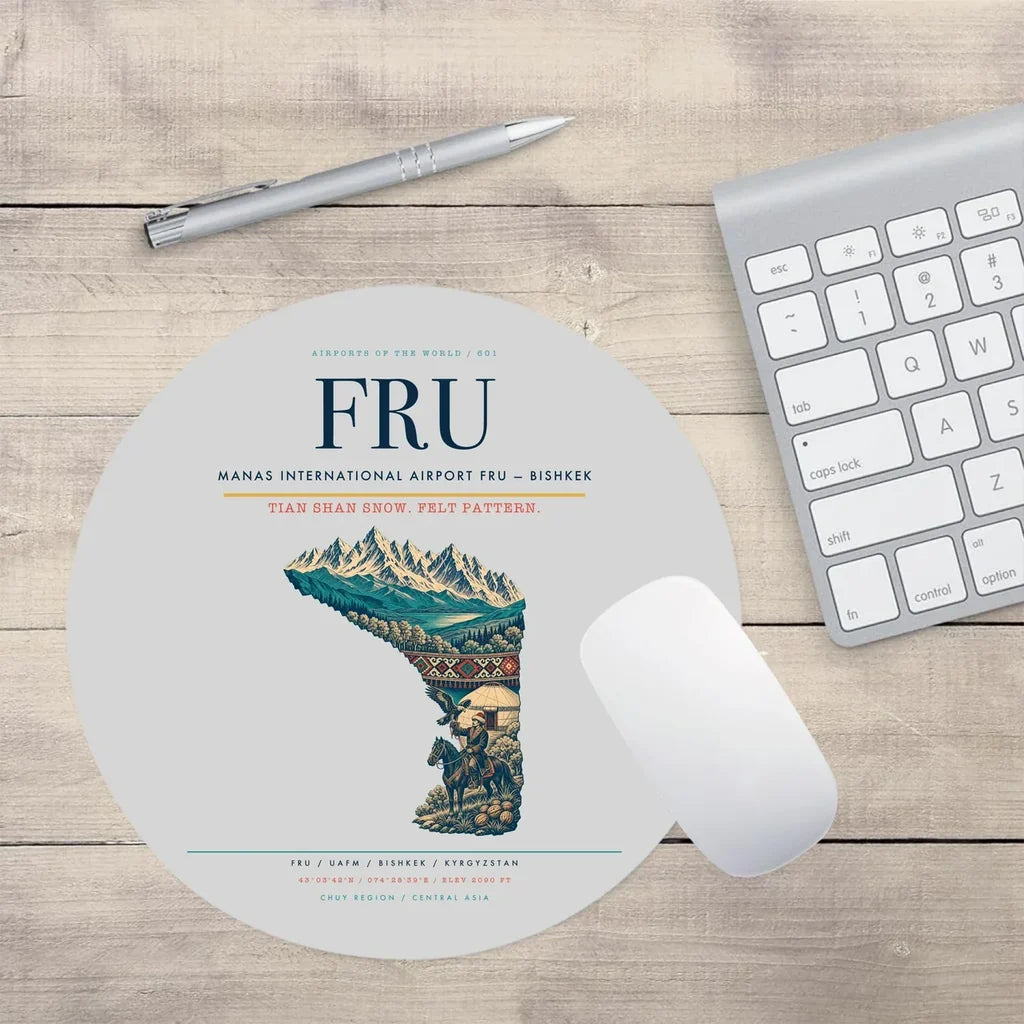 Manas International Airport (FRU) design on light gray round mouse pad