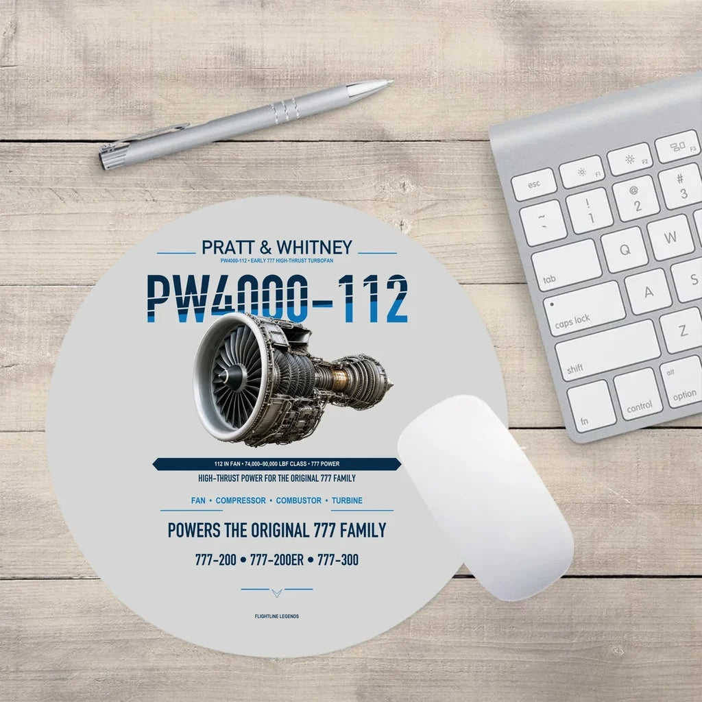 PW4000-112 design on light gray round mouse pad