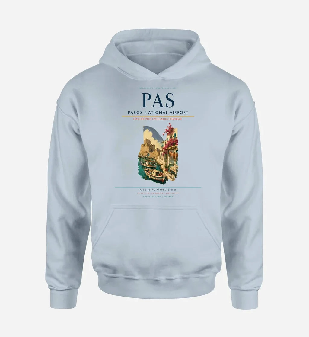 Paros National Airport (PAS) design on light blue hoodie single-side print