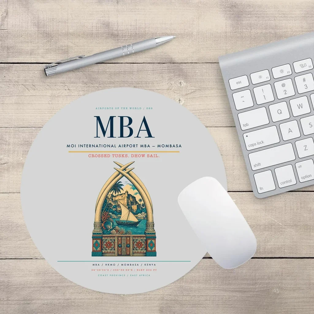 Moi International Airport (MBA) design on light gray round mouse pad