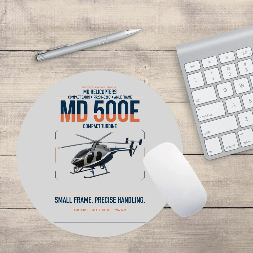MD Helicopters MD 500E design on light gray round mouse pad