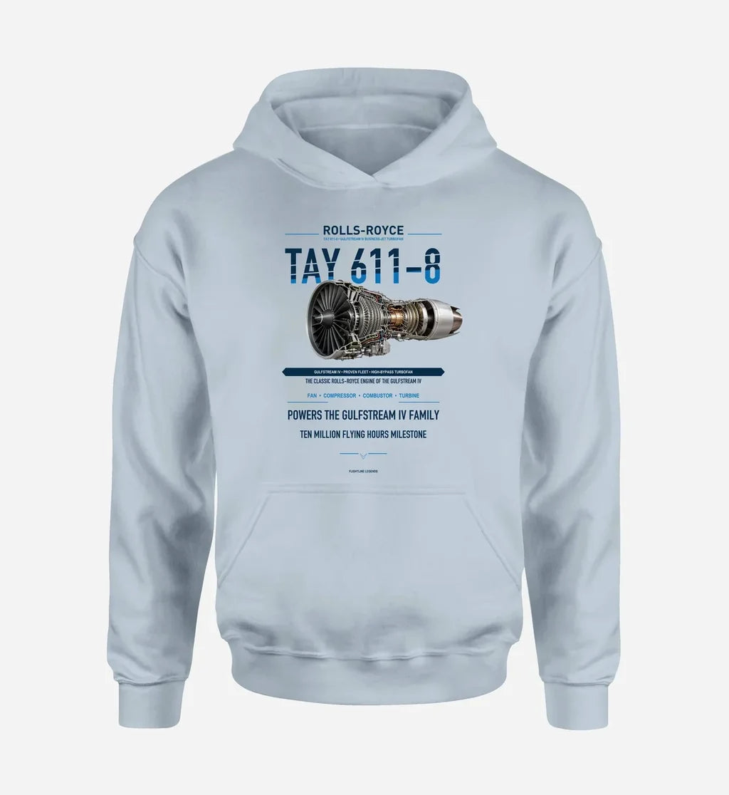 TAY 611-8 design on light blue hoodie single side