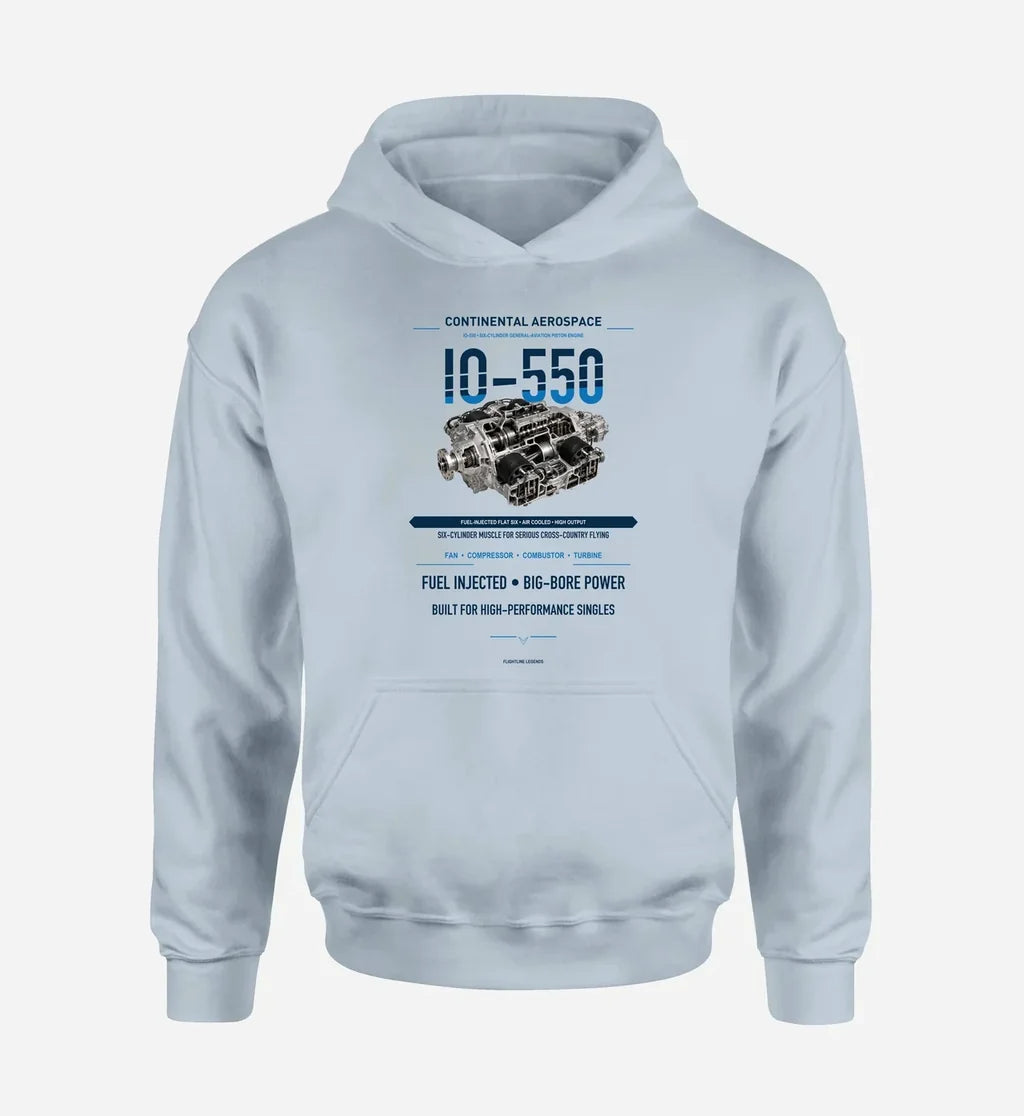 IO-550 design on light blue hoodie single side