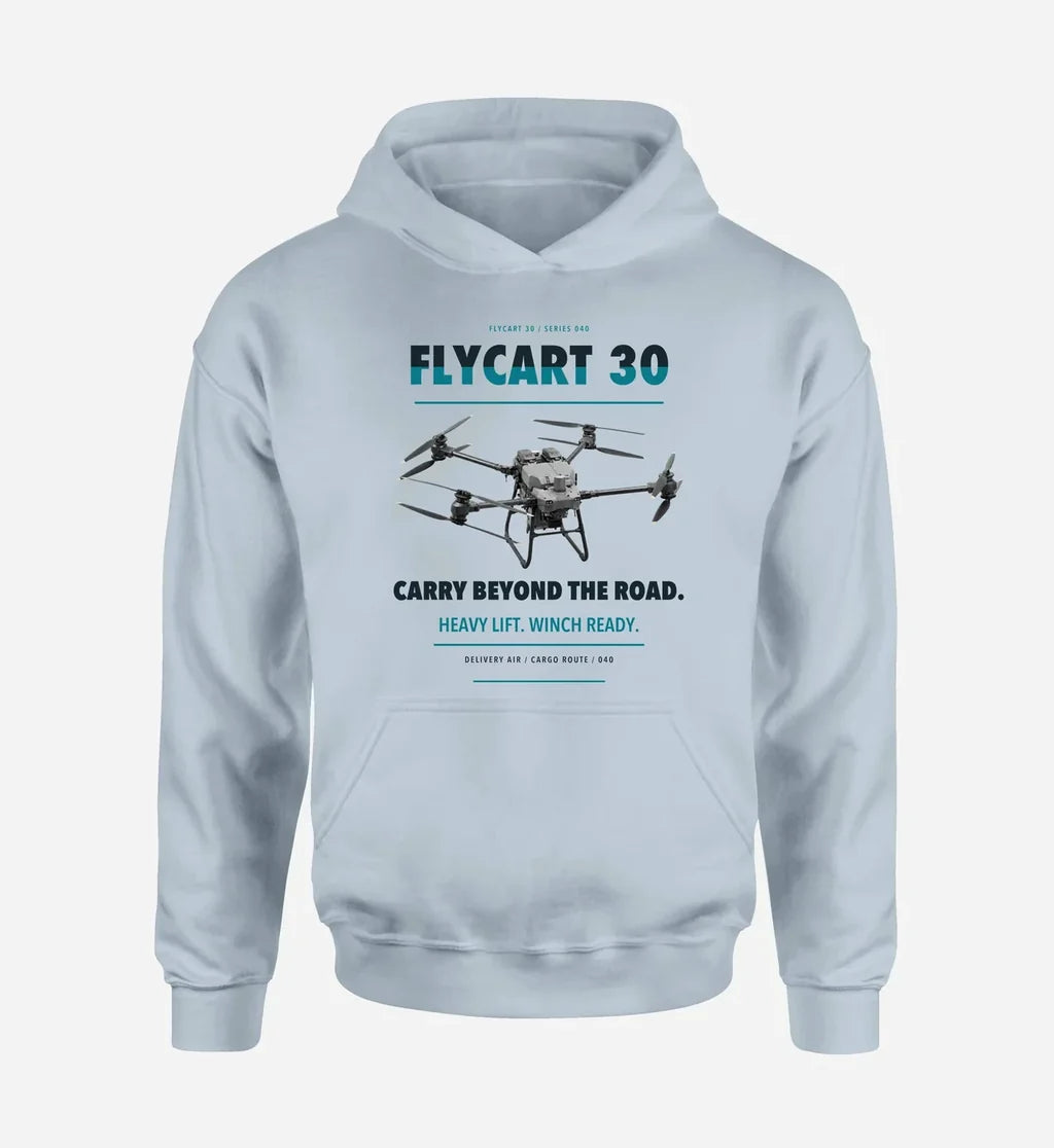 DJI FlyCart 30 design on light blue hoodie single side